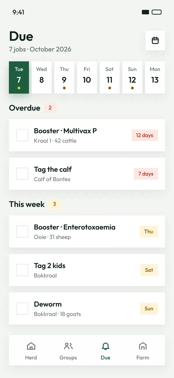 Due screen: overdue boosters and this week's jobs