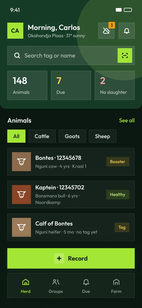 Phone app herd screen in the other colour mode