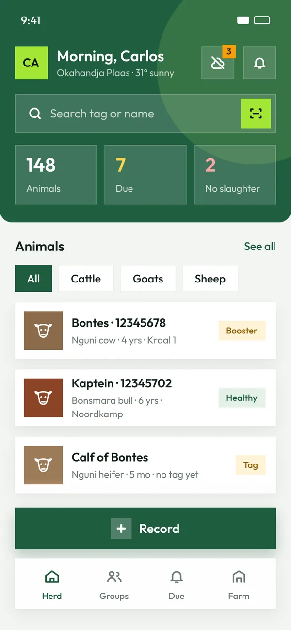 Milaka phone app: the herd screen