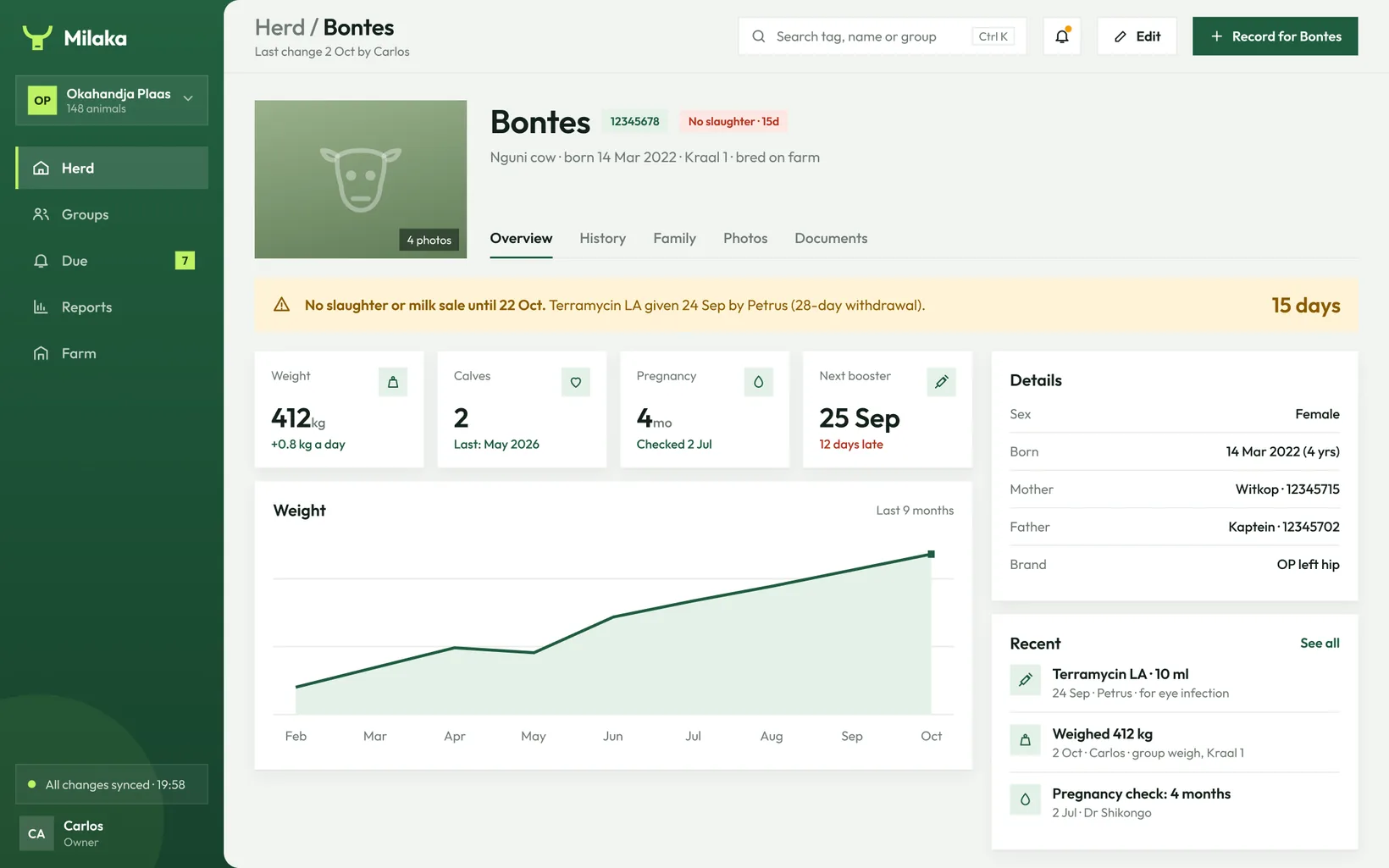 Web app: Bontes's record with a weight chart, details and recent events