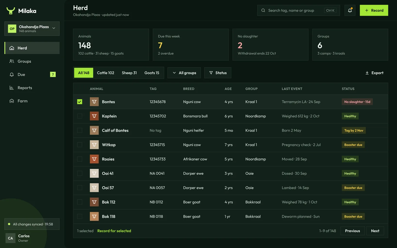 Web app herd list in the other colour mode