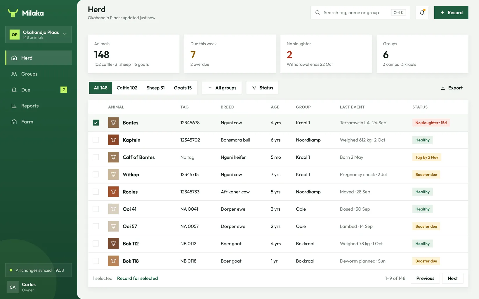 Milaka web app: the herd list with 148 animals